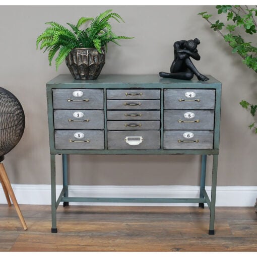 Industrial Multi Drawer Apothecary Distressed Duck Egg Green And Steel Grey Metal Small Sideboard Cabinet 82cm