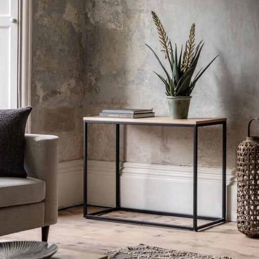 Industrial Oak Wood Veneer And Black Metal Console Table