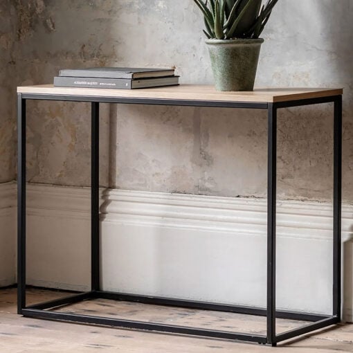 Industrial Oak Wood Veneer And Black Metal Console Table