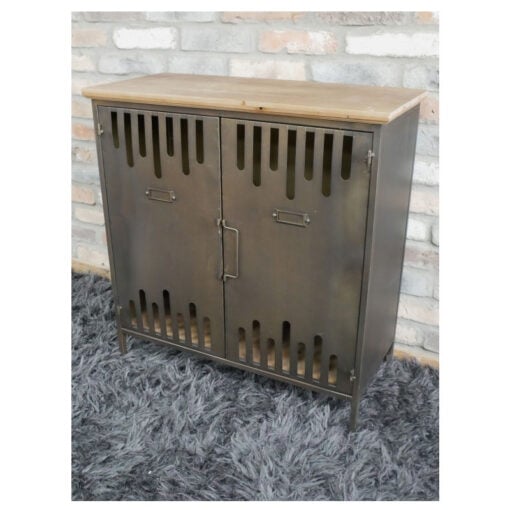 Industrial Raw Iron Metal And Solid Fir Wood 2 Door Small Sideboard Cabinet