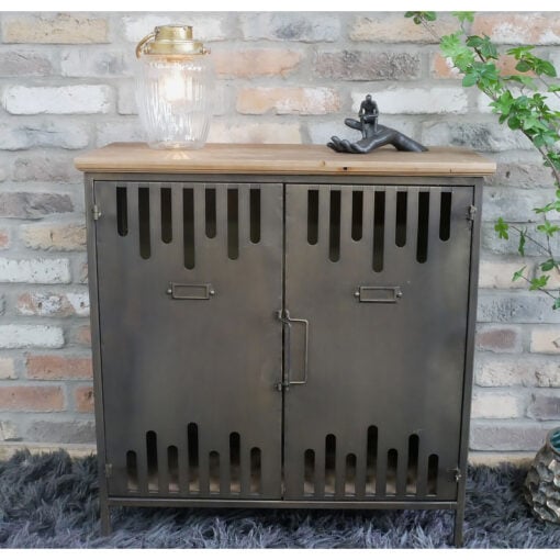 Industrial Raw Iron Metal And Solid Fir Wood 2 Door Small Sideboard Cabinet