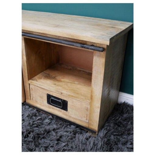 Industrial Rustic Solid Light Mango Wood And Black Metal TV Stand 110cm