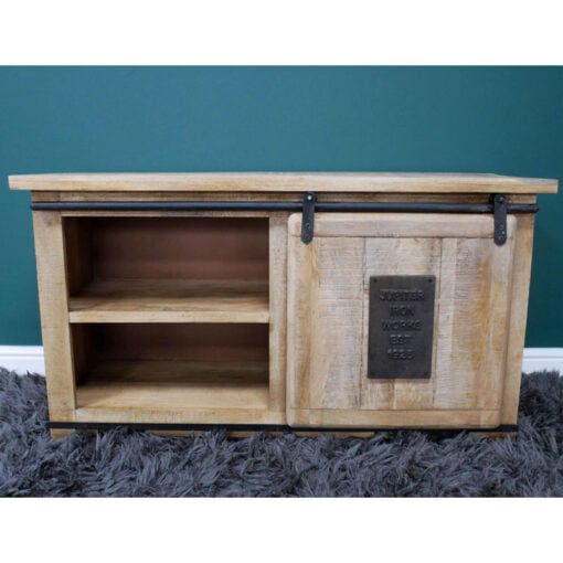 Industrial Rustic Solid Light Mango Wood And Black Metal TV Stand 110cm