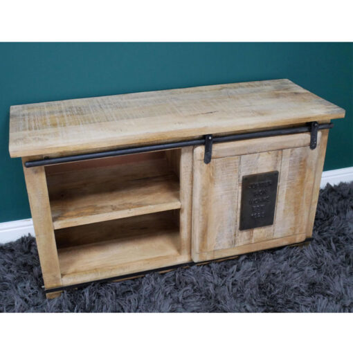 Industrial Rustic Solid Light Mango Wood And Black Metal TV Stand 110cm