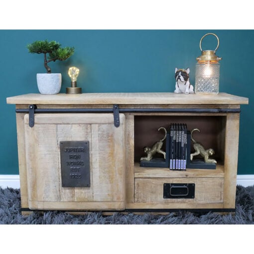 Industrial Rustic Solid Light Mango Wood And Black Metal TV Stand 110cm