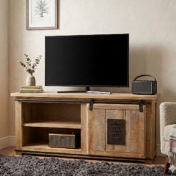 Industrial Rustic Solid Light Mango Wood And Black Metal TV Stand 110cm