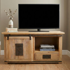 Industrial Rustic Solid Light Mango Wood And Black Metal TV Stand 110cm