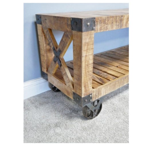 Industrial Rustic Solid Mango Wood 2 Tier TV Stand With Wheels 120cm