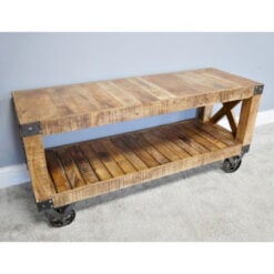 Industrial Rustic Solid Mango Wood 2 Tier TV Stand With Wheels 120cm