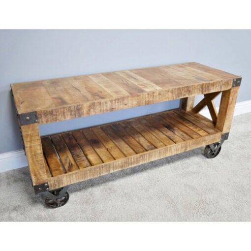 Industrial Rustic Solid Mango Wood 2 Tier TV Stand With Wheels 120cm