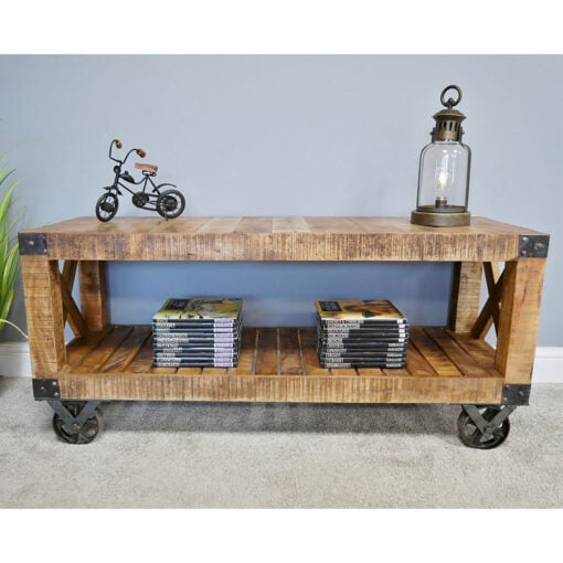 Industrial Rustic Solid Mango Wood 2 Tier TV Stand With Wheels 120cm