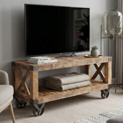 Industrial Rustic Solid Mango Wood 2 Tier TV Stand With Wheels 120cm