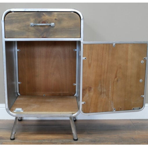 Industrial Silver Metal And Solid Wood 1 Door 1 Drawer Tall Bedside Cabinet Side Table 81cm