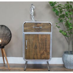 Industrial Silver Metal And Solid Wood 1 Door 1 Drawer Tall Bedside Cabinet Side Table 81cm