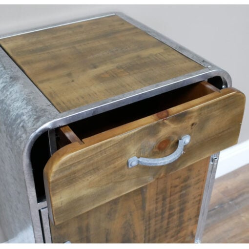 Industrial Silver Metal And Solid Wood 1 Door 1 Drawer Tall Bedside Cabinet Side Table 81cm