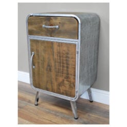 Industrial Silver Metal And Solid Wood 1 Door 1 Drawer Tall Bedside Cabinet Side Table 81cm