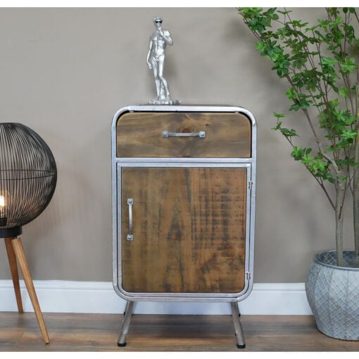 Industrial Silver Metal And Solid Wood 1 Door 1 Drawer Tall Bedside Cabinet Side Table 81cm