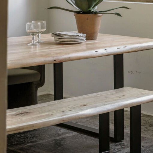 Industrial Solid Live Edge Light Acacia Wood And Black Metal 3 Seater Backless Dining Bench 180cm