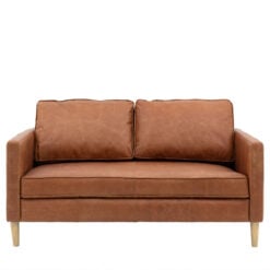 Industrial Vintage Brown Genuine Leather And Solid Ash Wood 2 Seater Sofa 148cm