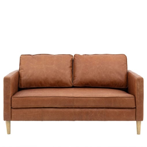 Industrial Vintage Brown Genuine Leather And Solid Ash Wood 2 Seater Sofa 148cm