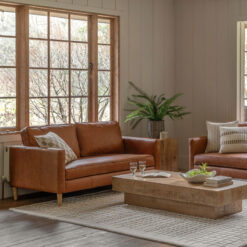 Industrial Vintage Brown Genuine Leather And Solid Ash Wood 2 Seater Sofa 148cm