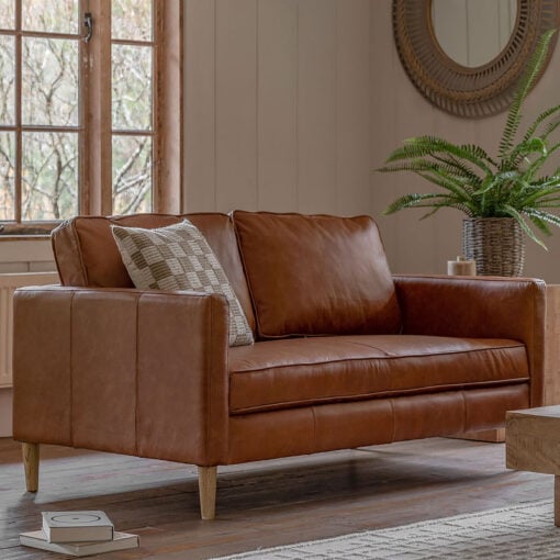 Industrial Vintage Brown Genuine Leather And Solid Ash Wood 2 Seater Sofa 148cm
