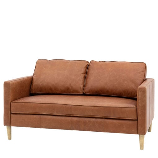 Industrial Vintage Brown Genuine Leather And Solid Ash Wood 2 Seater Sofa 148cm