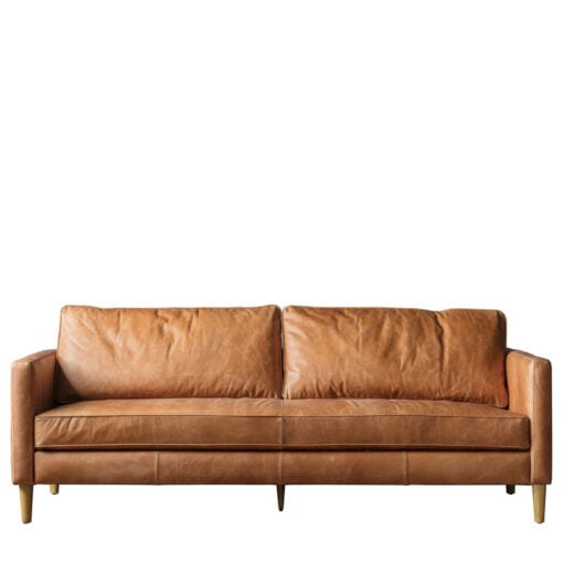 Industrial Vintage Brown Genuine Leather And Solid Ash Wood 3 Seater Sofa 201cm