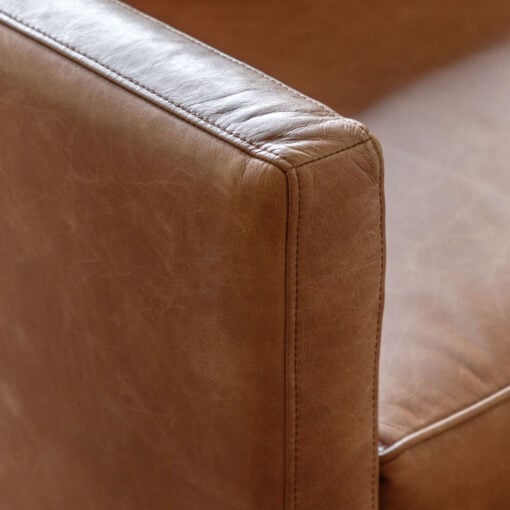 Industrial Vintage Brown Genuine Leather And Solid Ash Wood 3 Seater Sofa 201cm