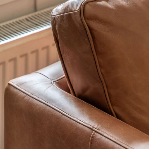 Industrial Vintage Brown Genuine Leather And Solid Ash Wood 3 Seater Sofa 201cm