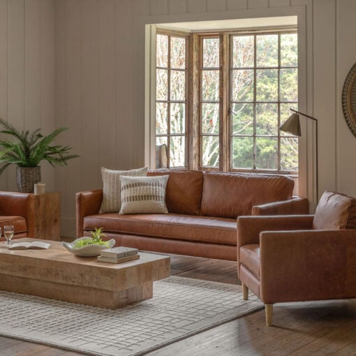 Industrial Vintage Brown Genuine Leather And Solid Ash Wood 3 Seater Sofa 201cm