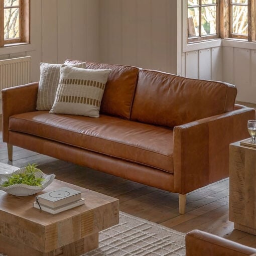 Industrial Vintage Brown Genuine Leather And Solid Ash Wood 3 Seater Sofa 201cm