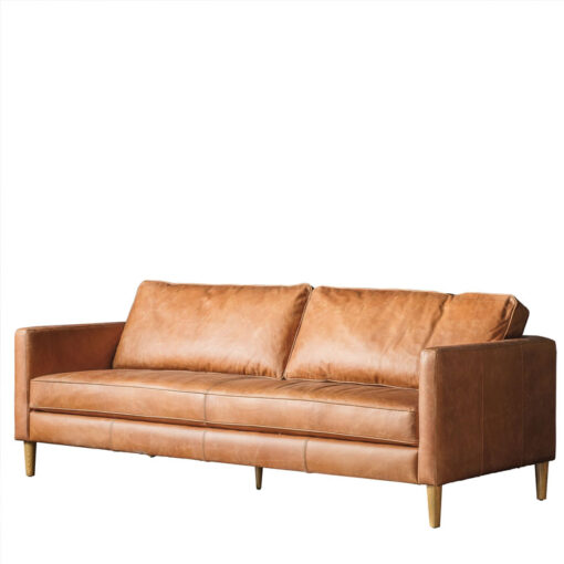 Industrial Vintage Brown Genuine Leather And Solid Ash Wood 3 Seater Sofa 201cm