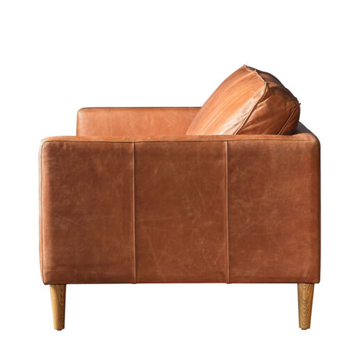Industrial Vintage Brown Genuine Leather And Solid Ash Wood 3 Seater Sofa 201cm
