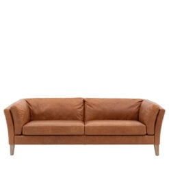 Industrial Vintage Brown Genuine Leather And Solid Ash Wood 3 Seater Sofa 217cm