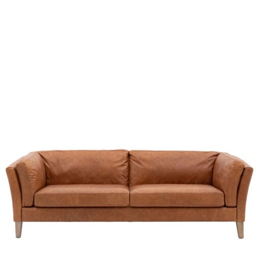 Industrial Vintage Brown Genuine Leather And Solid Ash Wood 3 Seater Sofa 217cm