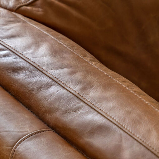 Industrial Vintage Brown Genuine Leather And Solid Ash Wood 3 Seater Sofa 217cm