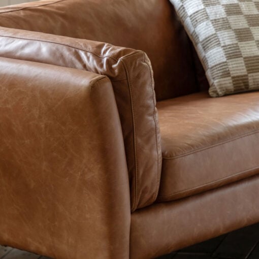 Industrial Vintage Brown Genuine Leather And Solid Ash Wood 3 Seater Sofa 217cm