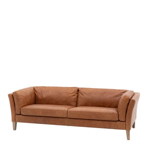 Industrial Vintage Brown Genuine Leather And Solid Ash Wood 3 Seater Sofa 217cm