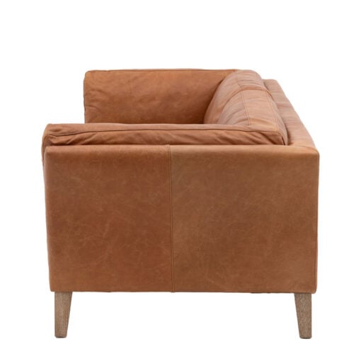 Industrial Vintage Brown Genuine Leather And Solid Ash Wood 3 Seater Sofa 217cm