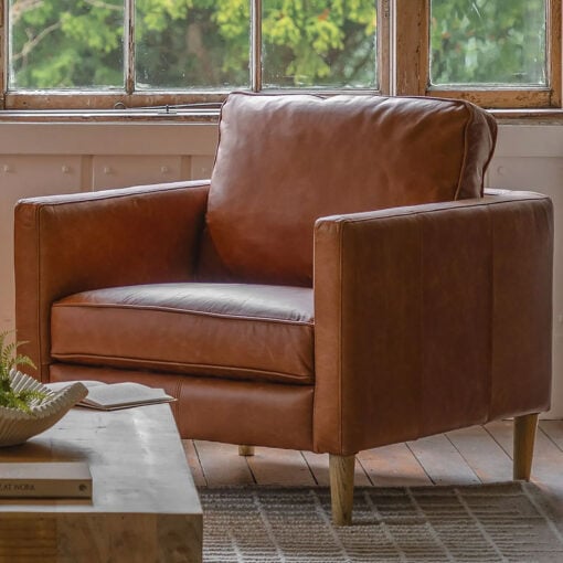 Industrial Vintage Brown Genuine Leather And Solid Ash Wood Armchair