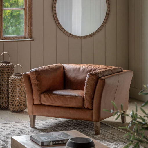 Industrial Vintage Brown Genuine Leather And Solid Ash Wood Armchair