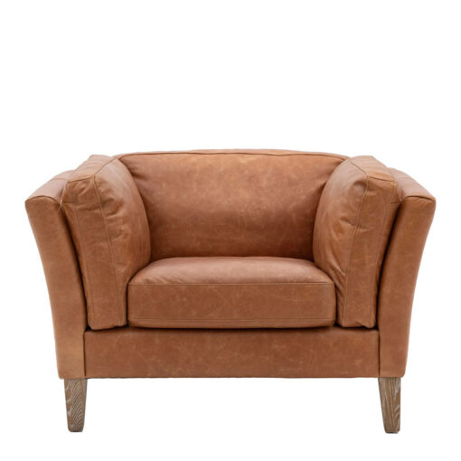 Industrial Vintage Brown Genuine Leather And Solid Ash Wood Armchair
