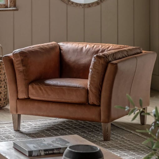 Industrial Vintage Brown Genuine Leather And Solid Ash Wood Armchair