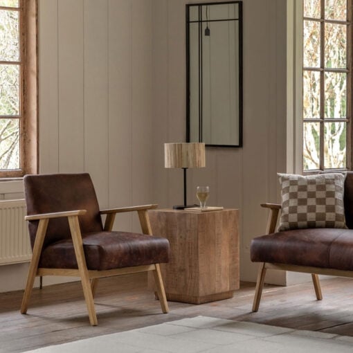Industrial Vintage Brown Real Leather And Solid Ash Wood Armchair