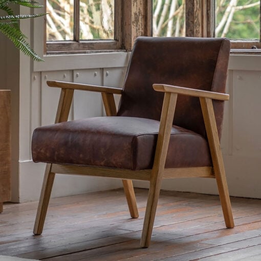 Industrial Vintage Brown Real Leather And Solid Ash Wood Armchair