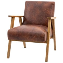 Industrial Vintage Brown Real Leather And Solid Ash Wood Armchair