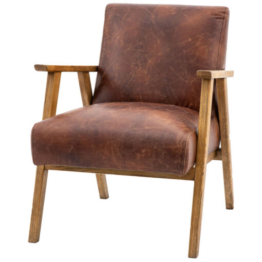 Industrial Vintage Brown Real Leather And Solid Ash Wood Armchair