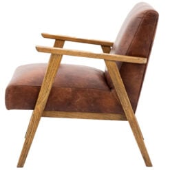 Industrial Vintage Brown Real Leather And Solid Ash Wood Armchair