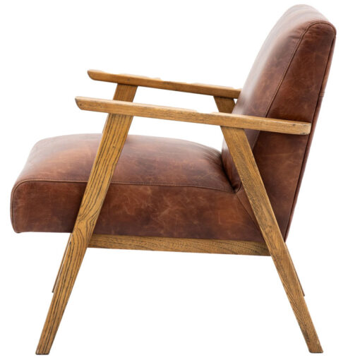 Industrial Vintage Brown Real Leather And Solid Ash Wood Armchair